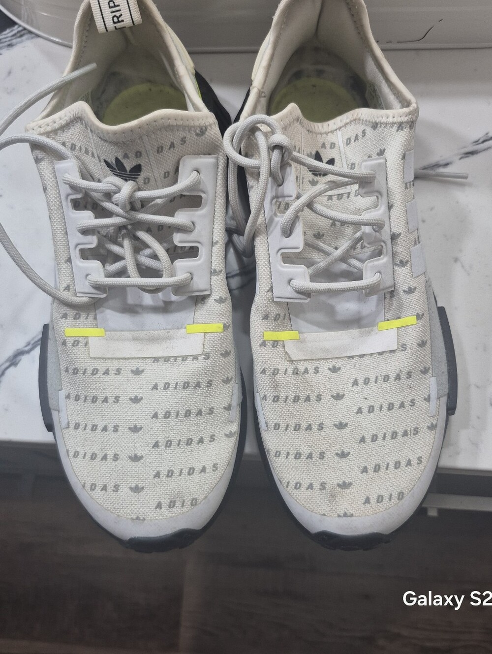 adidas Mens Gray Sneakers with Light Gray Accents and Neon Yellow Details